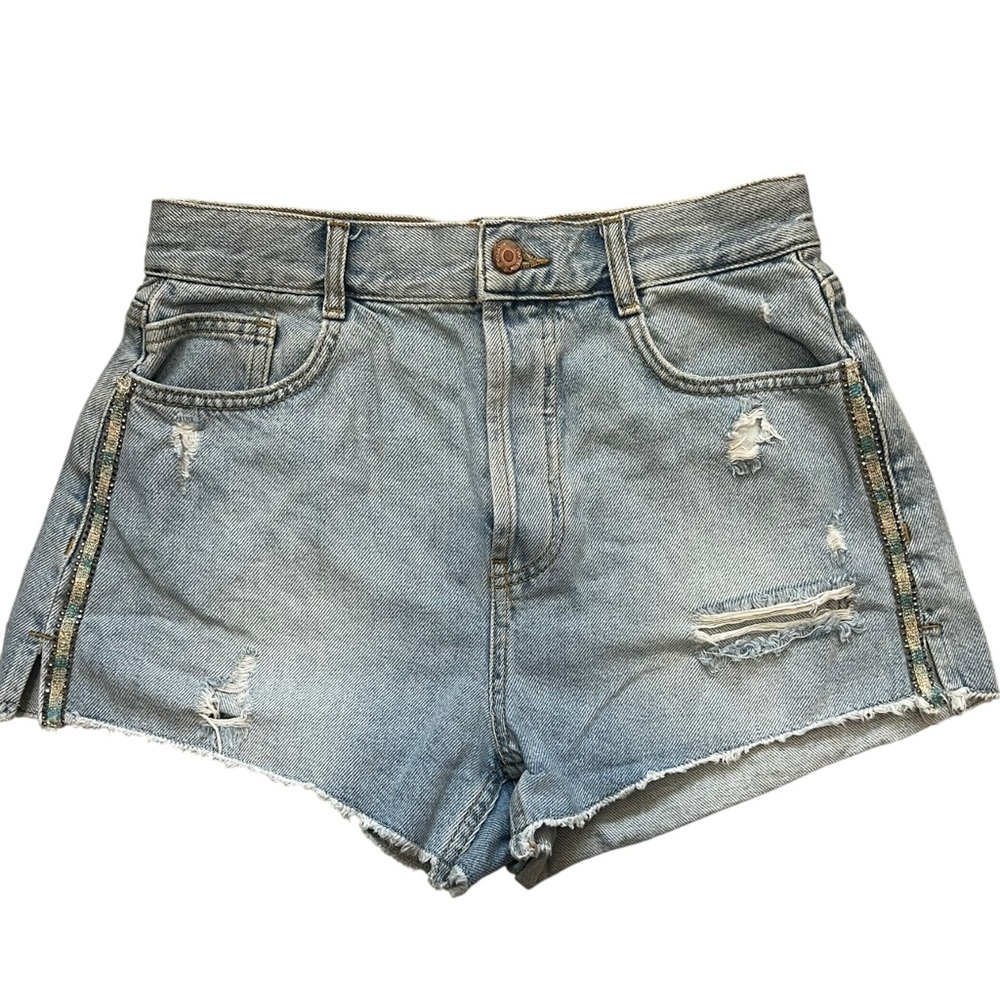 Zara High WaistLight Blue Sparkle Stripe Distressed Jean Shorts EUC 4